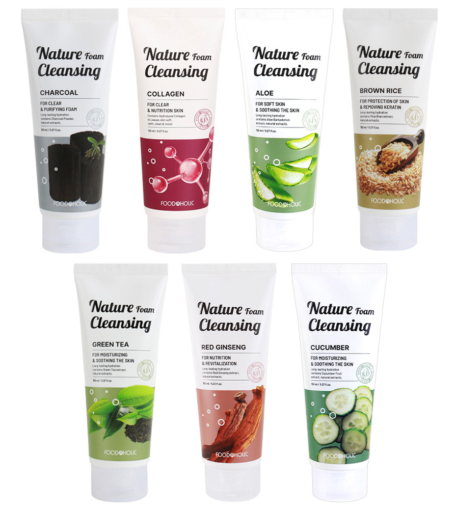 FOODAHOLIC Nature Foam Cleansing Red Ginseng / Aloe / Charcoal / Cucumber / Collagen / Brown Rice / Green Tea 150ml / 5.07 fl oz